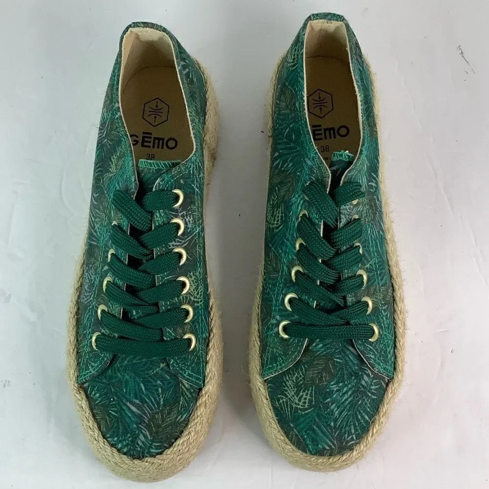GEMO Round Toe Lace Tie Platform  Green/Leafs Print Espadrilles Sz 38/US 7.5